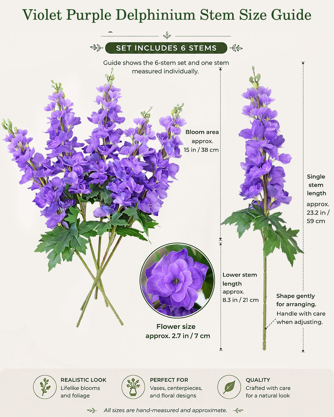 Violet purple artificial delphinium stem size guide showing 6 stems, bloom area and single stem length