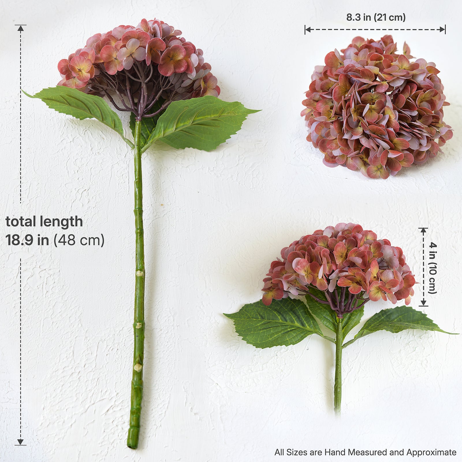 Antique brick rose hydrangea size guide: 18.9-inch stem, 8.3-inch flower width and approximately 4-inch flower height.