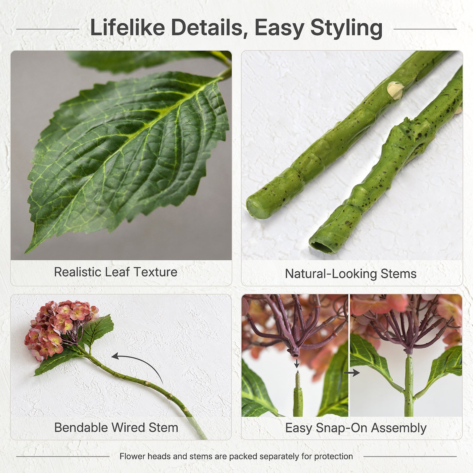 Antique brick rose hydrangea guide showing leaf texture, wired stem shaping and flower head assembly.