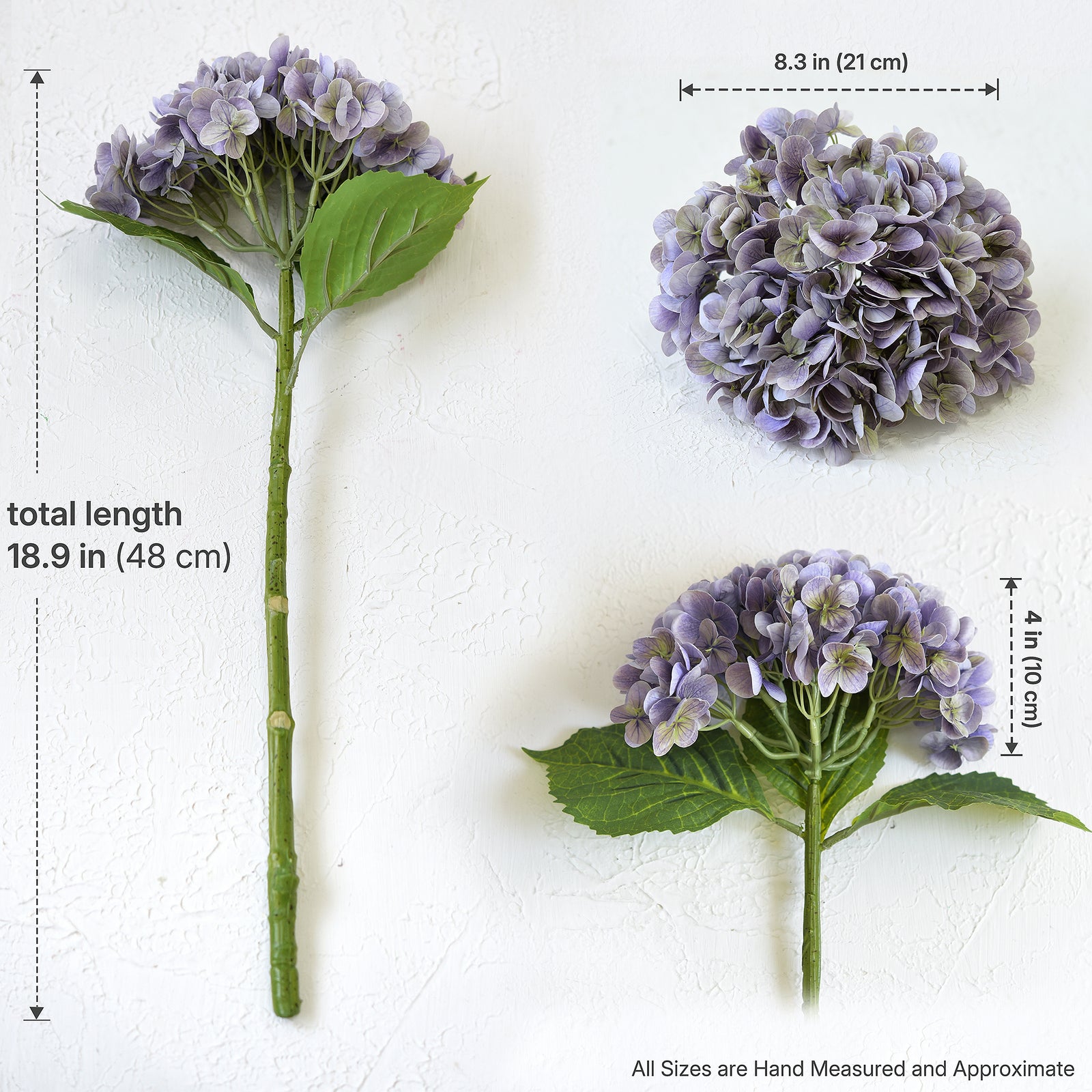 Antique lavender hydrangea size guide: 18.9-inch stem, 8.3-inch flower width and approximately 4-inch flower height.