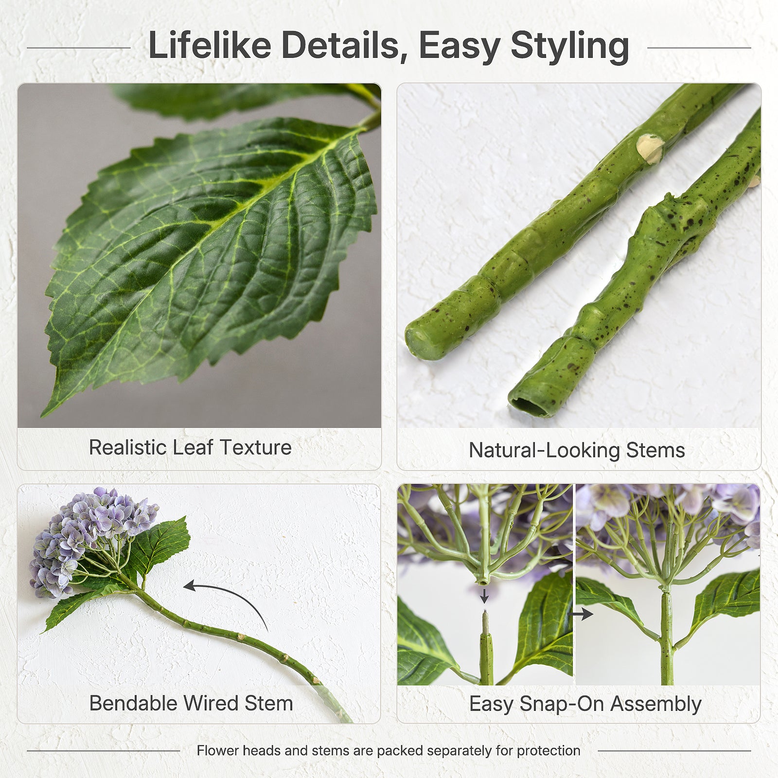 Antique lavender hydrangea guide showing leaf texture, wired stem shaping and separate flower head assembly.