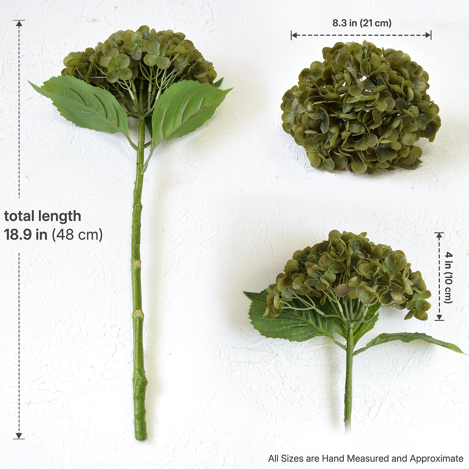 Antique olive hydrangea size guide: 18.9-inch stem, 8.3-inch flower width and approximately 4-inch flower height.