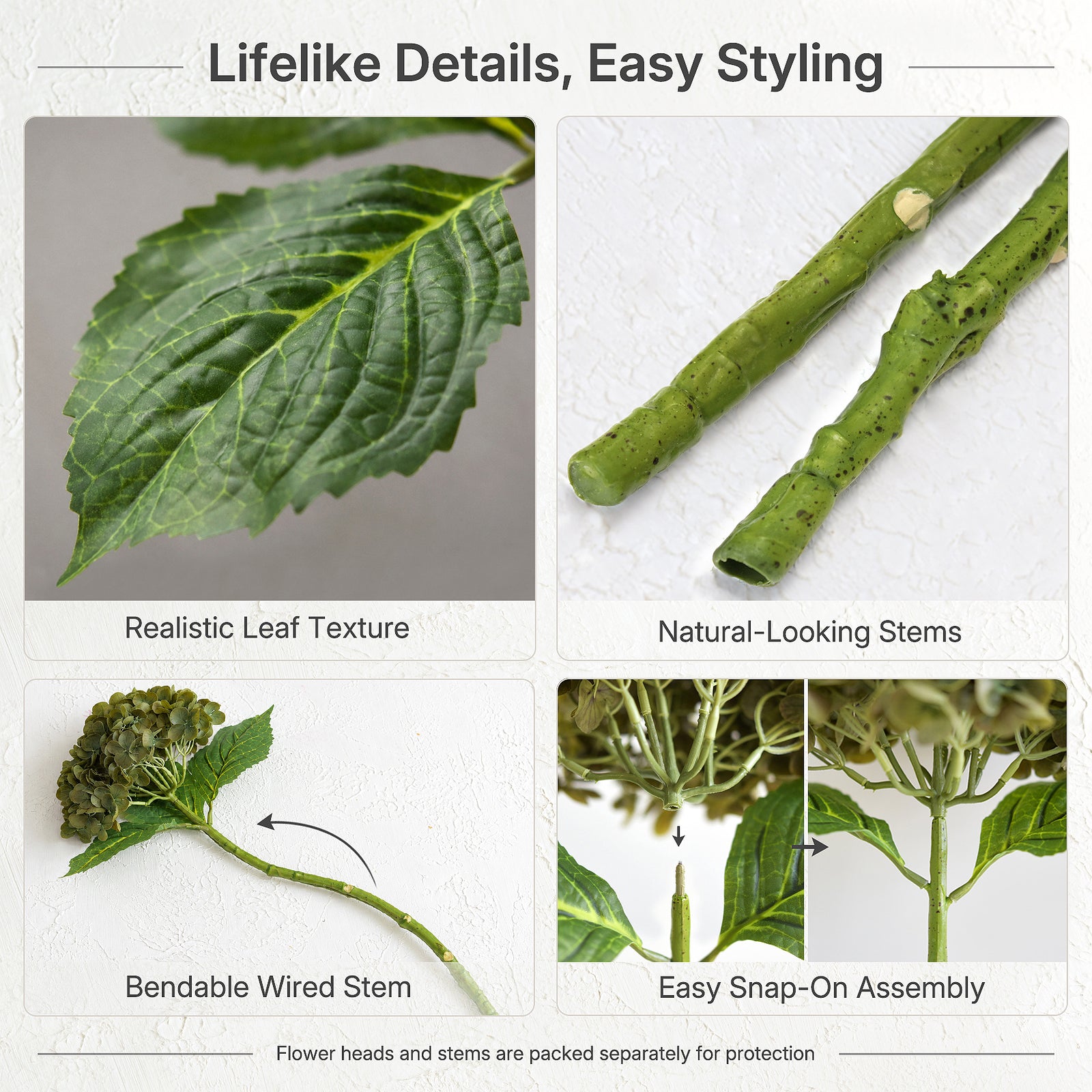 Antique olive hydrangea guide showing leaf texture, wired stem shaping and separate flower head assembly.