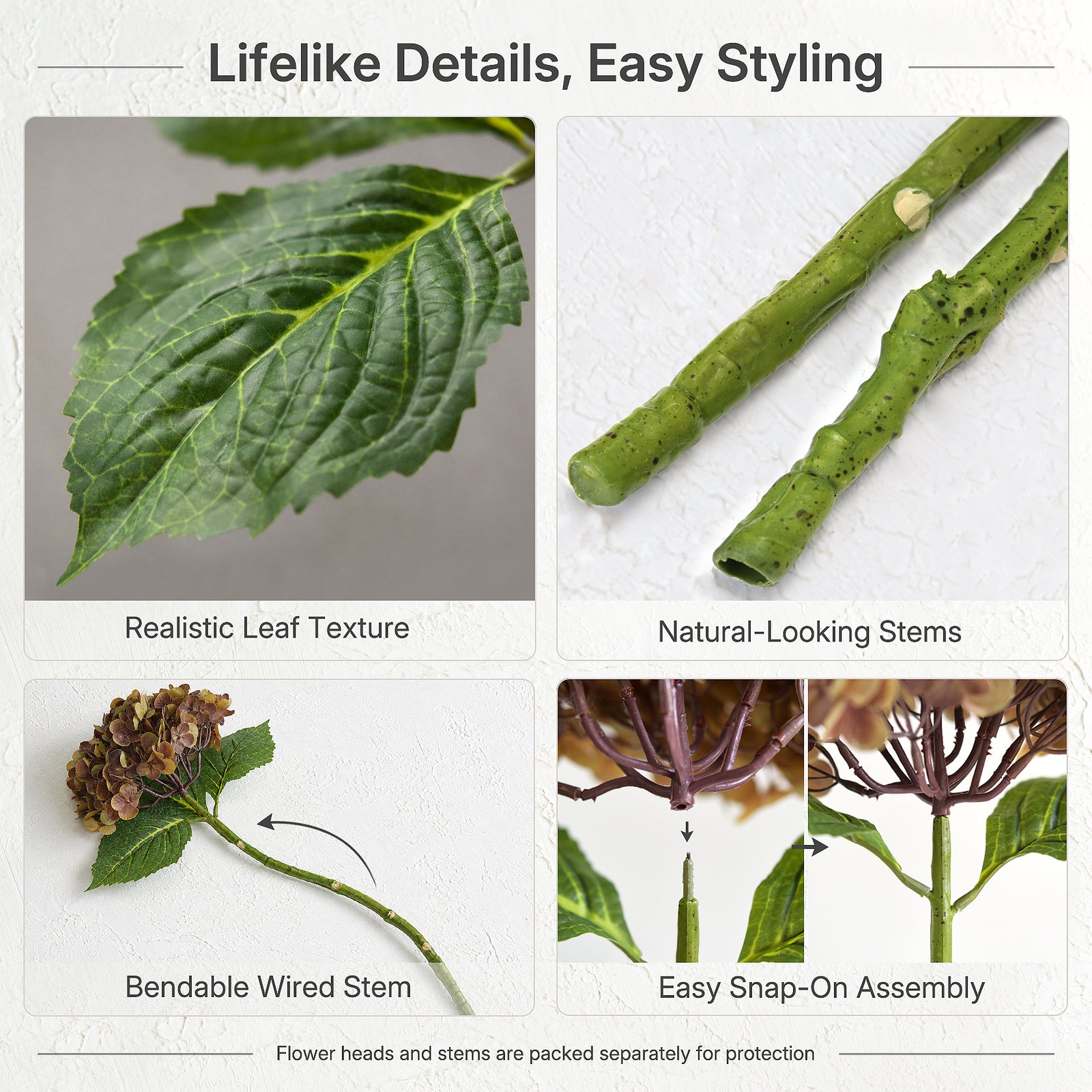 Antique russet hydrangea guide showing leaf texture, wired stem shaping and separate flower head assembly.