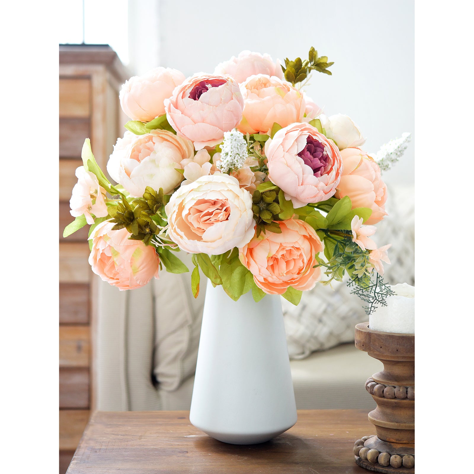Realistic artificial peony bouquet in a matte ceramic vase placed on a wooden surface, perfect for minimal home styling or bridal decor.