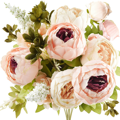 Artificial peony floral arrangement with pastel pink and white flowers, ideal for weddings and events.