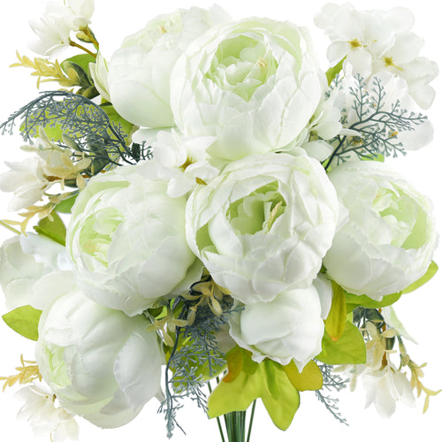 Artificial white peony flower stems with lush greenery, ideal for DIY floral arrangements and seasonal décor.