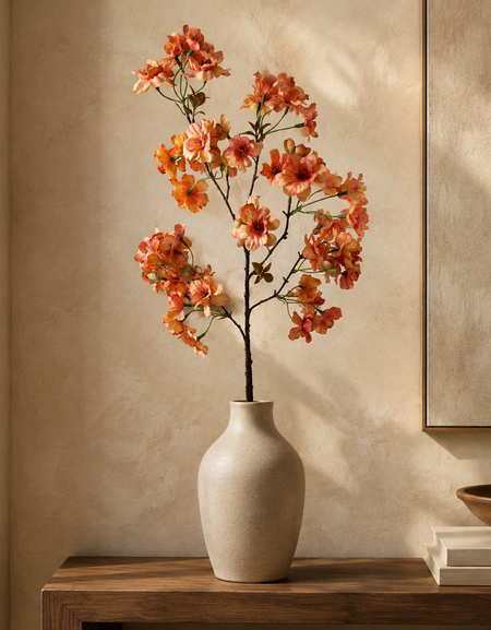 Autumn apricot artificial cherry blossom branch styled in a sand vase on a walnut console