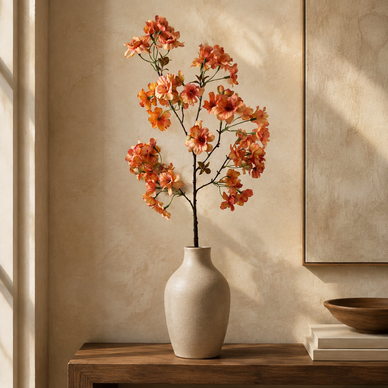 Autumn apricot artificial cherry blossom branch styled in a sand vase on a walnut console