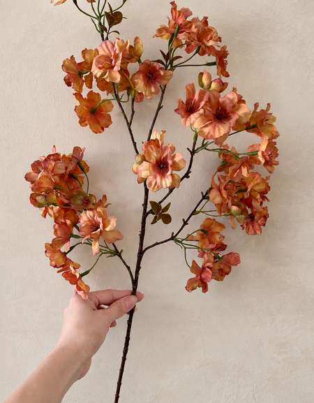 Full-length 37.4-inch autumn apricot artificial cherry blossom branch held for scale