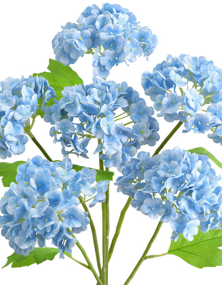 Six blue real touch hydrangea stems with rounded blooms and green leaves on a white background.