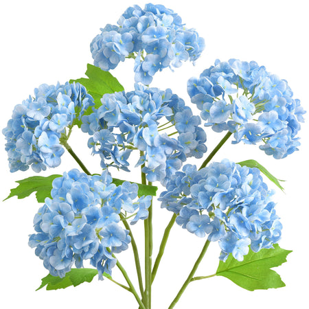 Six blue real touch hydrangea stems with rounded blooms and green leaves on a white background.