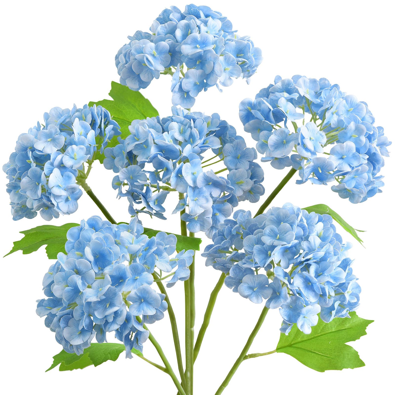 Six blue real touch hydrangea stems with rounded blooms and green leaves on a white background.
