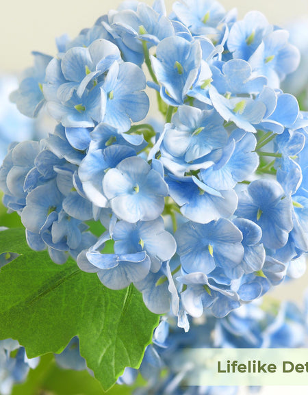 Close-up of blue hydrangea petals showing the soft real touch texture and clustered bloom detail.