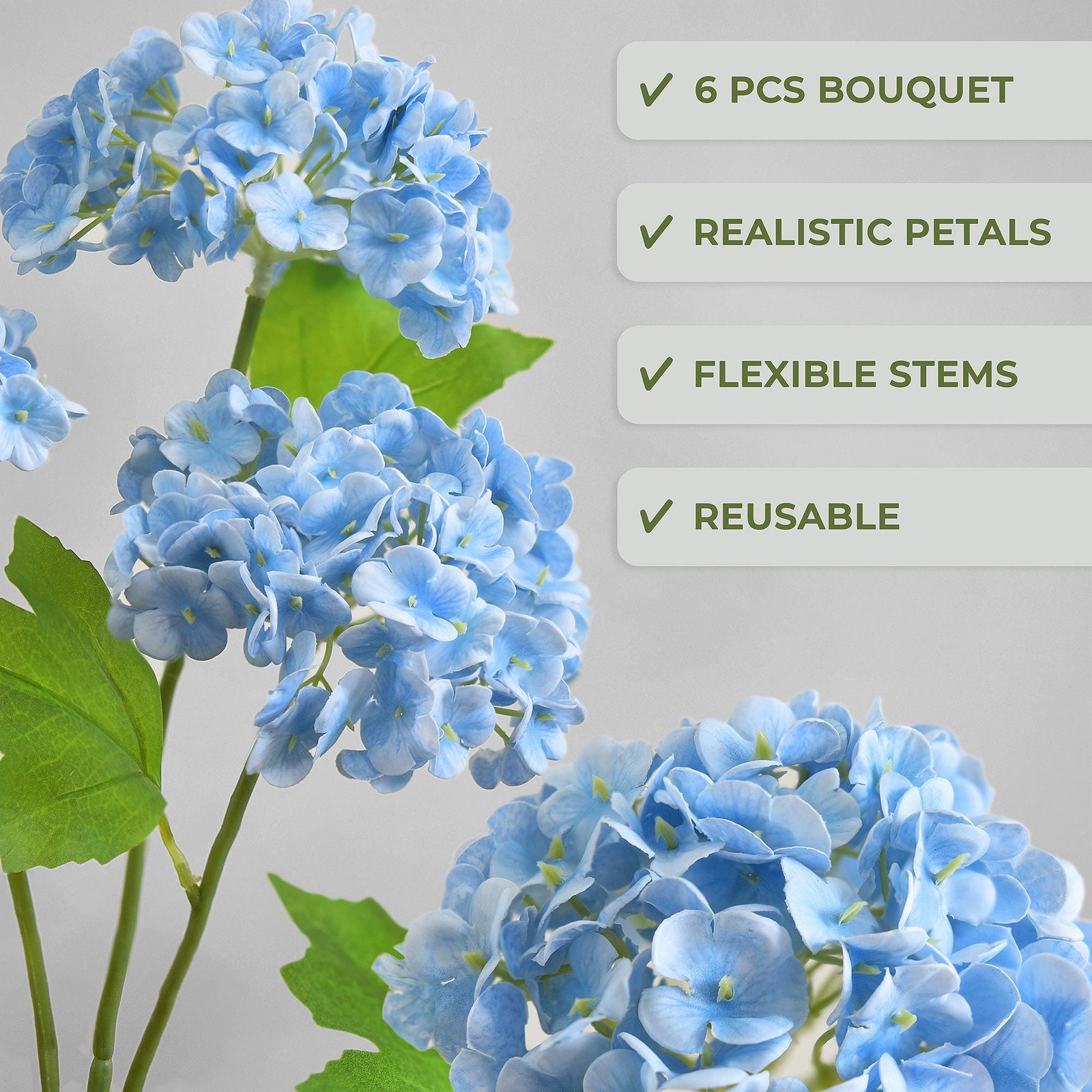 Blue real touch hydrangea features graphic showing a six-stem bouquet, flexible stems and reusable design.