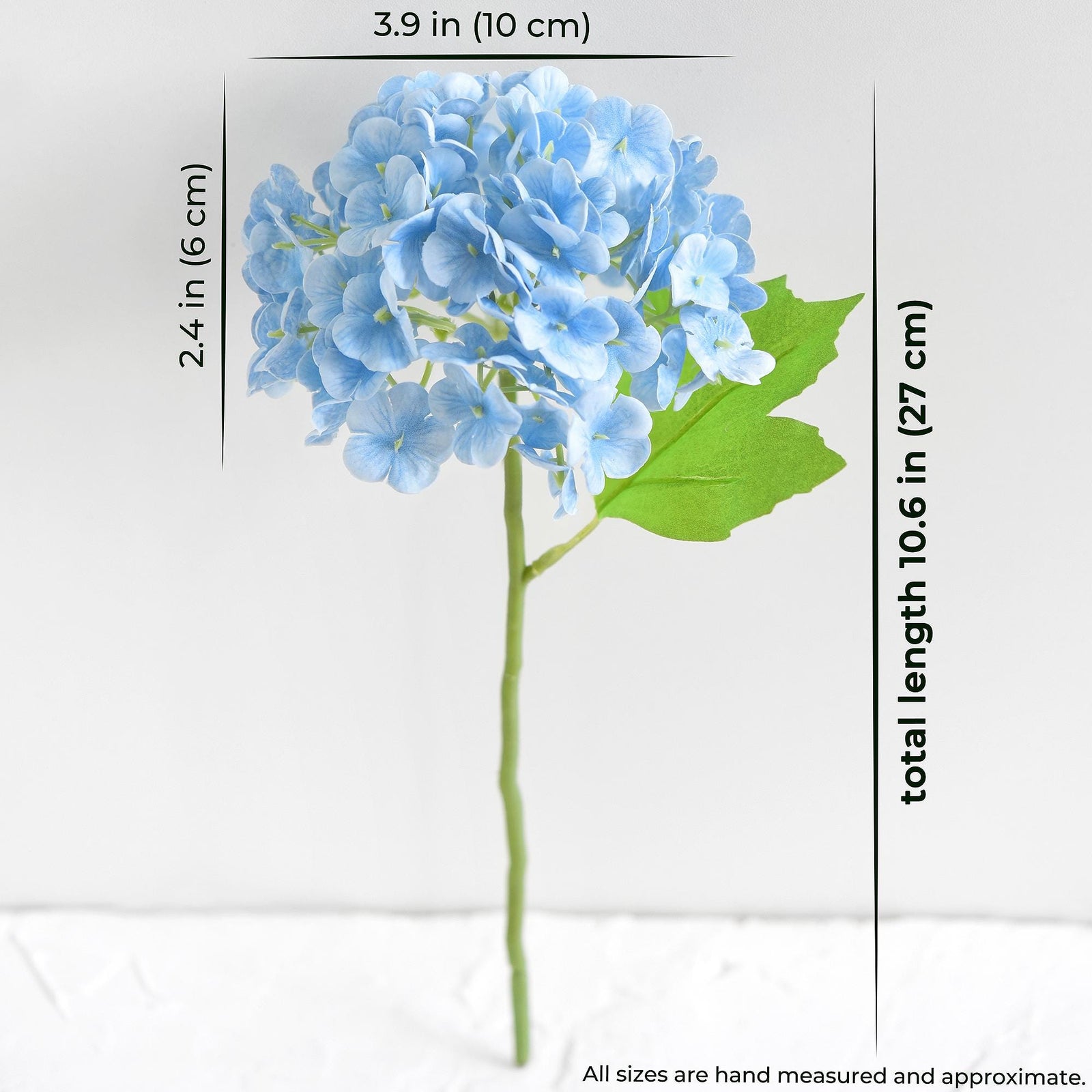 Size guide for one blue real touch hydrangea stem showing approximate length and bloom measurements.