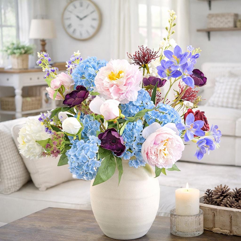 Blue hydrangea stems styled in a mixed floral centerpiece in a bright living room.
