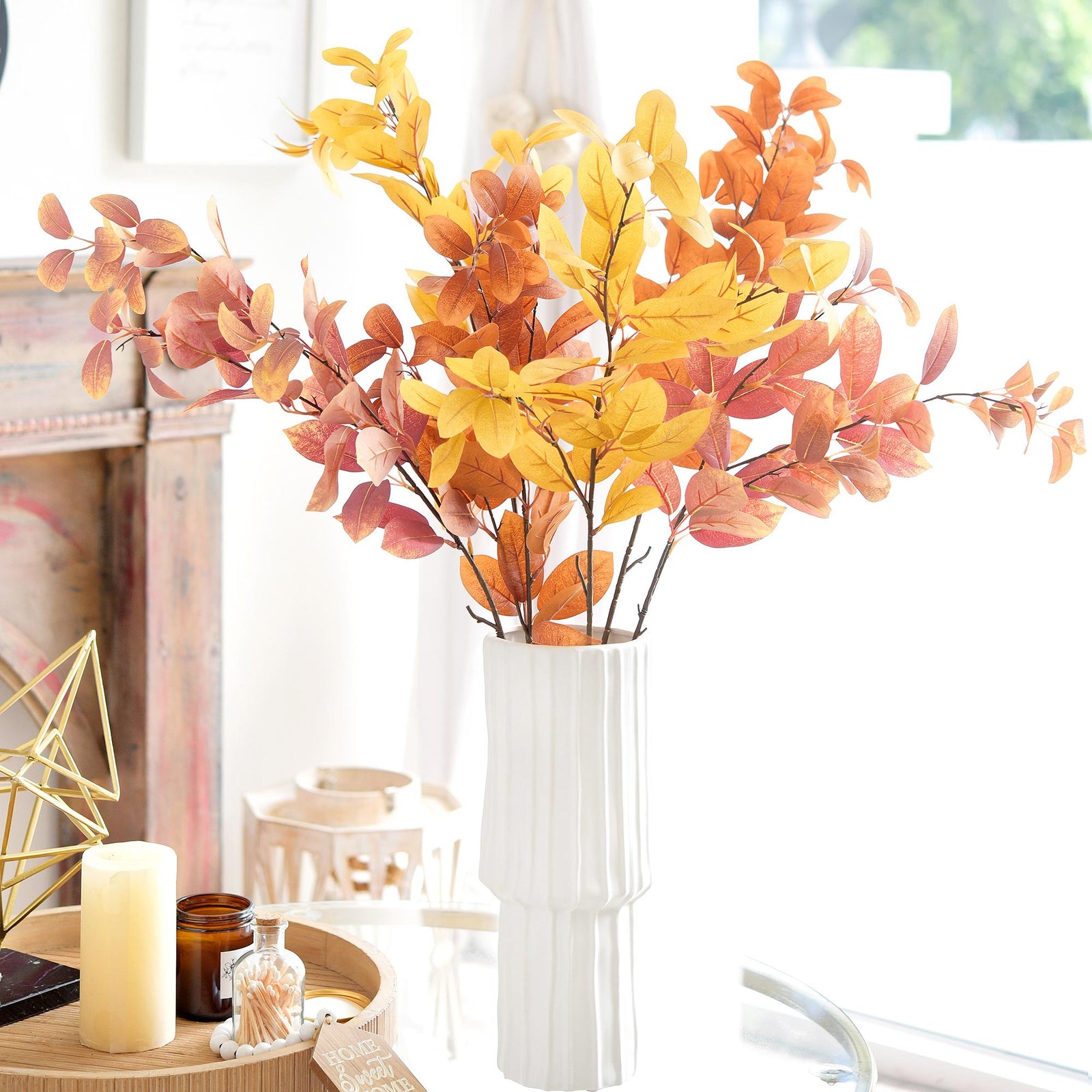 Tall mixed-color artificial fall leaf branches shown for vase arrangement styling.