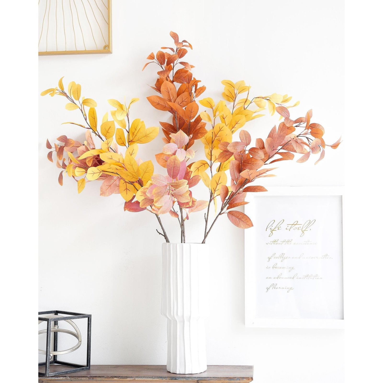 Blush pink, golden yellow and burnt orange faux fall leaf branches in the main product image.