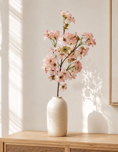 Blush pink artificial cherry blossom branch styled in a cream vase in a light neutral interior