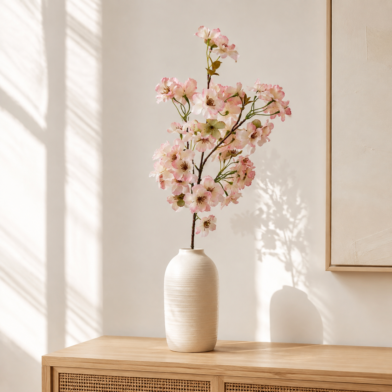 Blush pink artificial cherry blossom branch styled in a cream vase in a light neutral interior