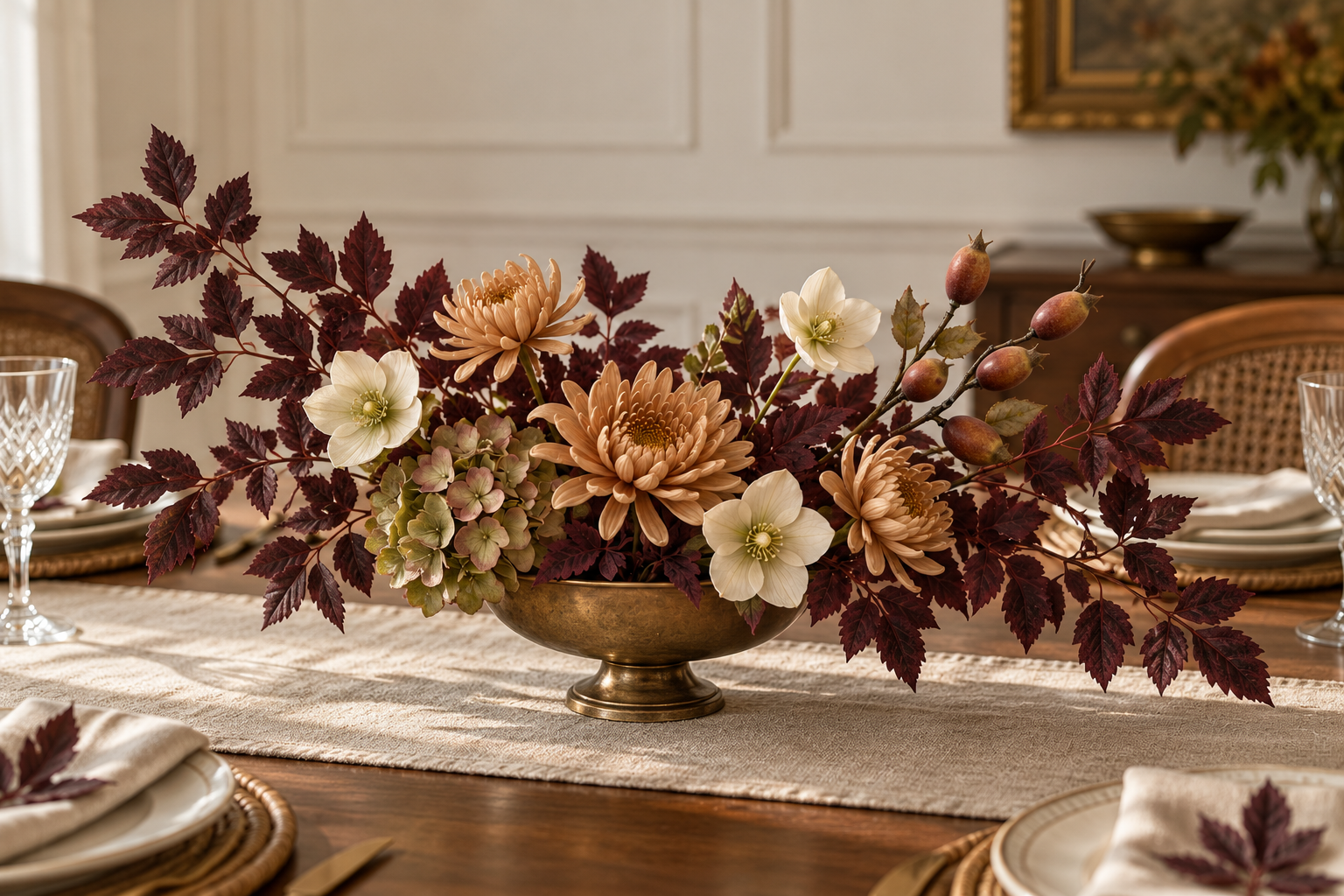 Burgundy foliage with cream and bronze flowers in a low gold centerpiece bowl.