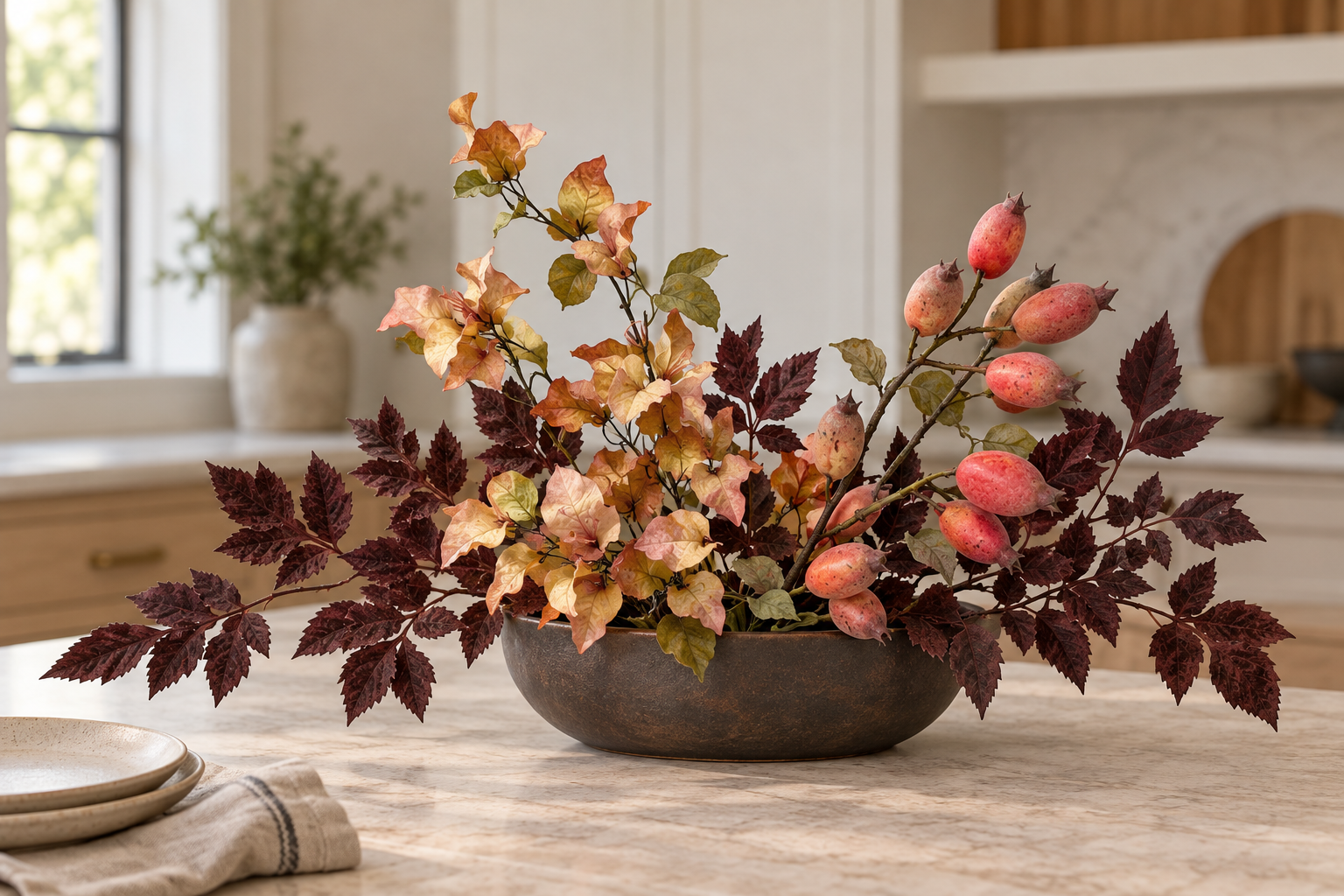 Burgundy maple foliage arranged with orange flowers and rosehips in a low bowl on a dining table.