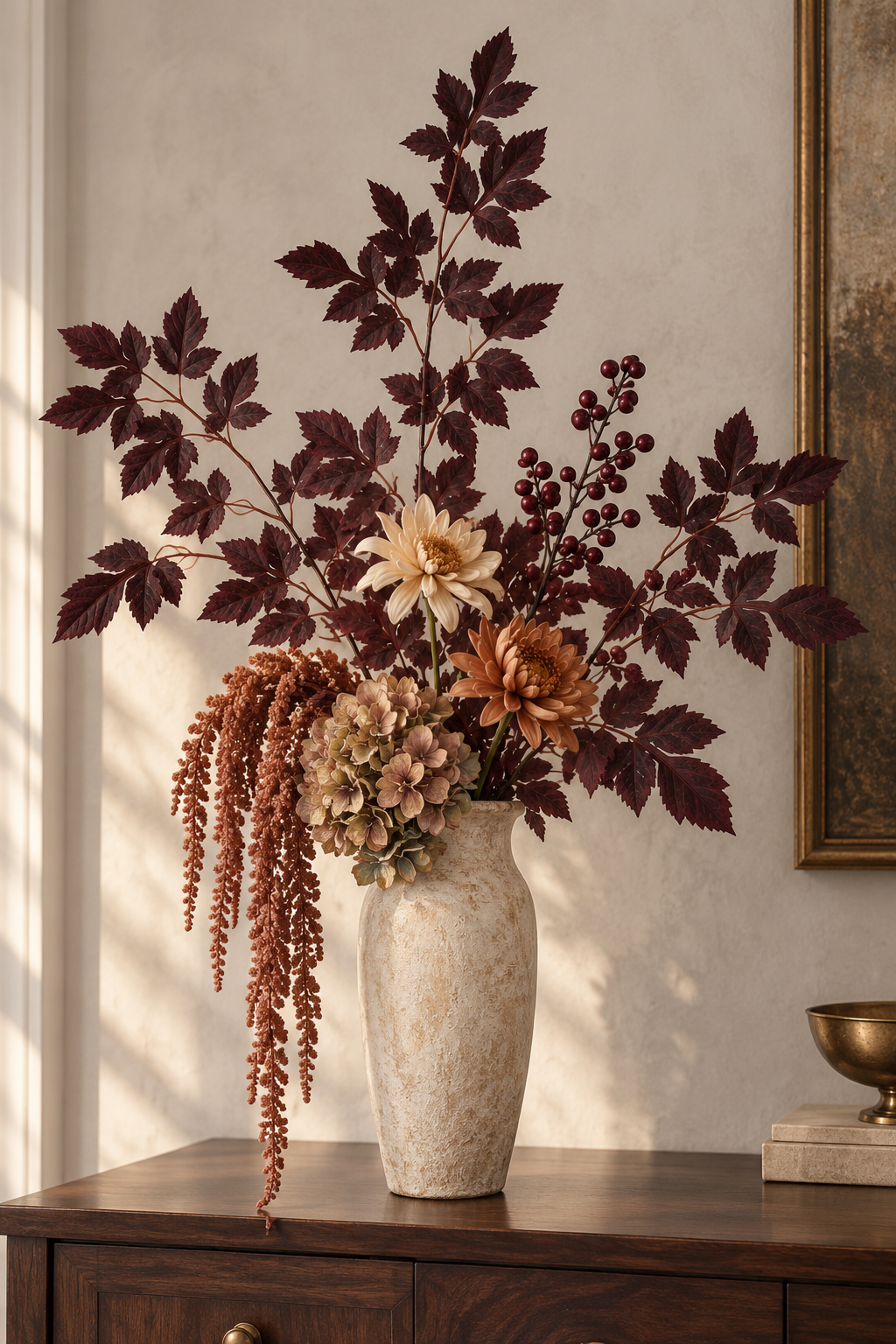 Burgundy maple foliage with peach flowers and trailing accents in an ivory vase.