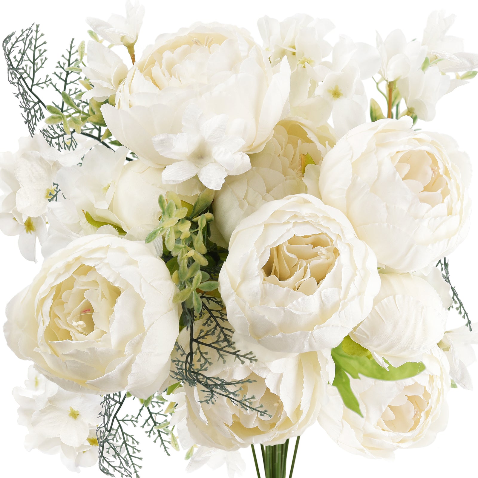 Classic white peony arrangement in a grey ceramic vase, ideal for weddings, home décor, and office styling.