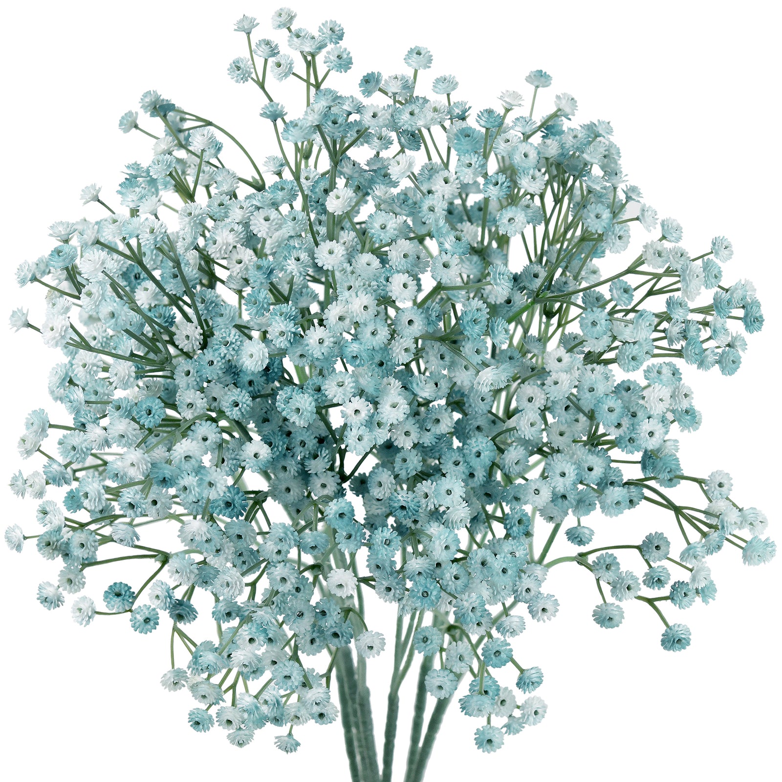 Dusty blue artificial baby's breath bouquet with small clustered flowers and green stems on a white background.