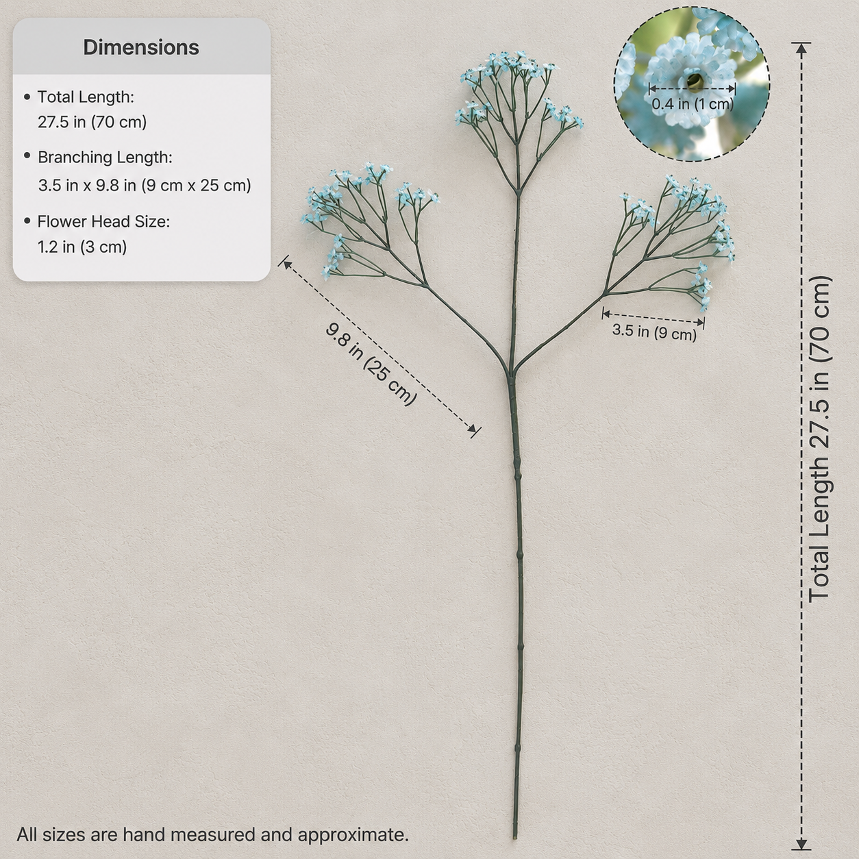 Single dusty blue baby's breath stem with labeled total length, branch lengths and flower-head measurements.