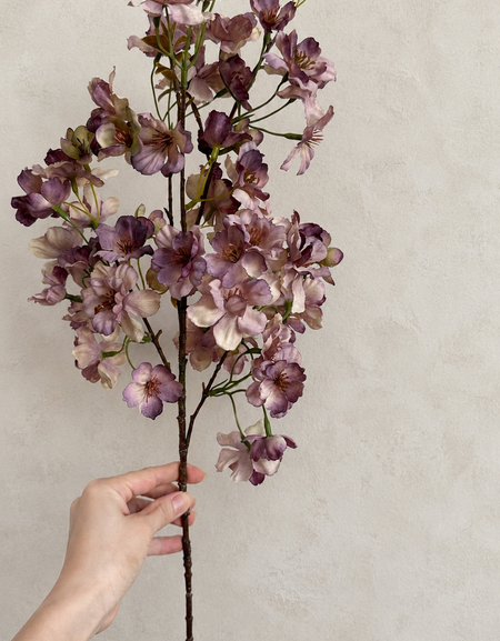Full-length 37.4-inch dusty mauve artificial cherry blossom branch held for scale