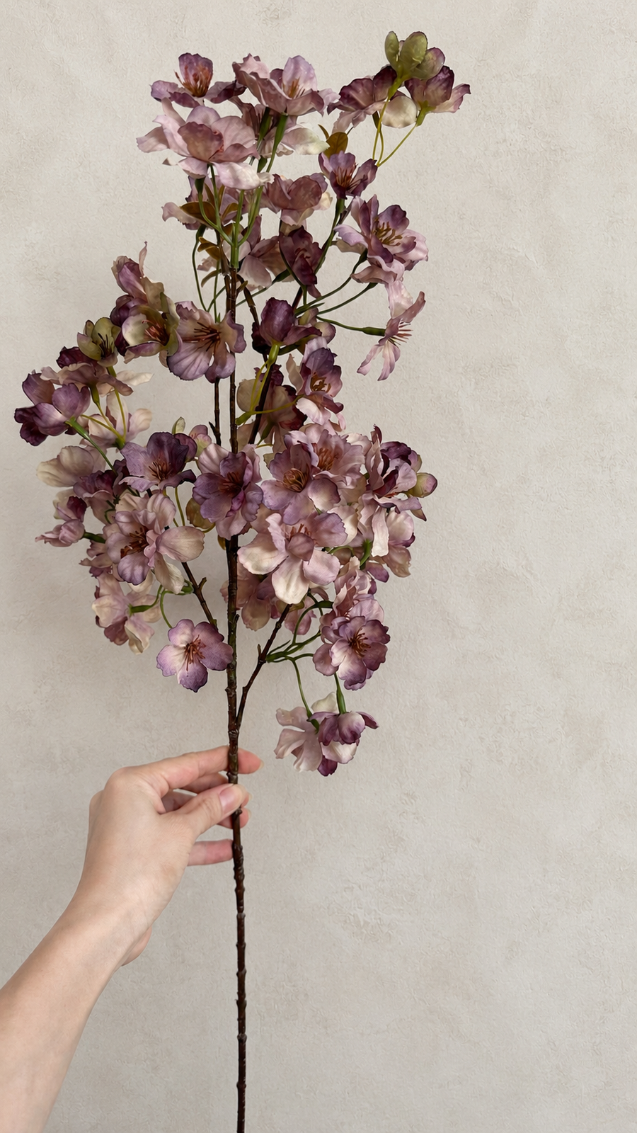 Full-length 37.4-inch dusty mauve artificial cherry blossom branch held for scale