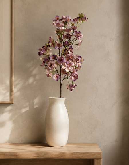 Dusty mauve artificial cherry blossom branch styled in an ivory vase on a warm neutral console