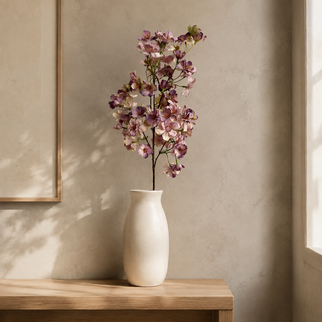Dusty mauve artificial cherry blossom branch styled in an ivory vase on a warm neutral console