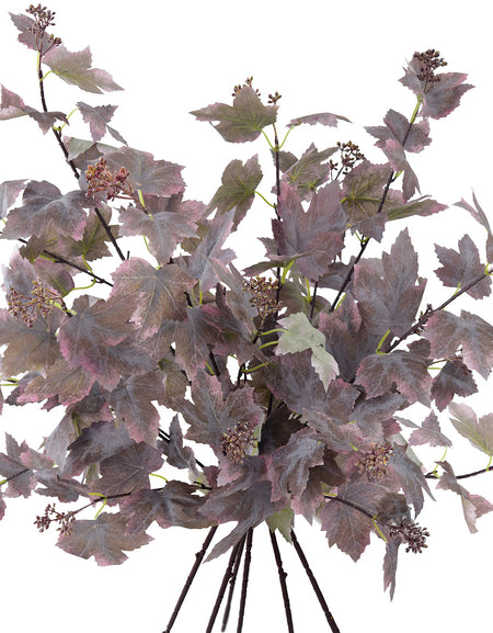 Dusty mauve brown artificial maple leaf stems grouped on a white background, with pale gray mottling and small clustered accents.