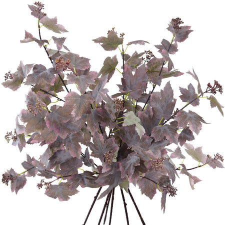 Dusty mauve brown artificial maple leaf stems grouped on a white background, with pale gray mottling and small clustered accents.