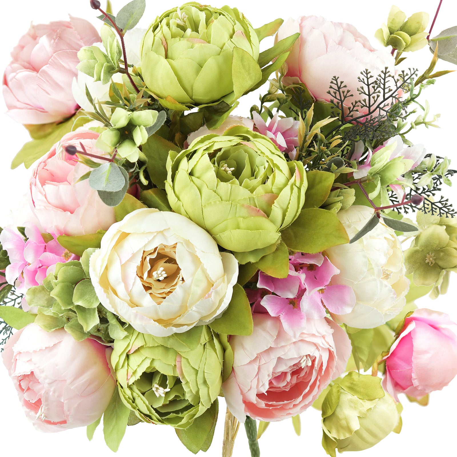 Elegant artificial floral bouquet featuring lifelike silk peonies, roses, and hydrangeas in soft pink, white, and green hues. Perfect for weddings, home décor, and special events