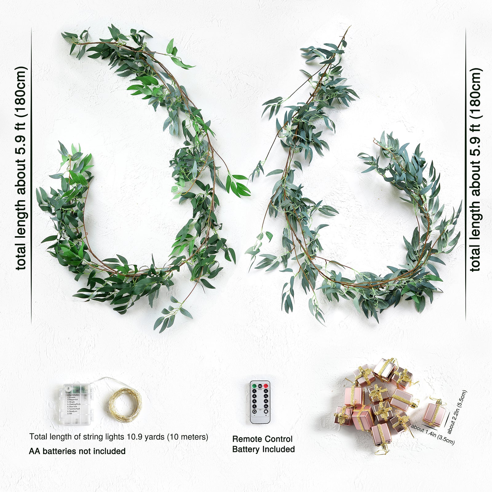 Lighted Willow Leaf Artificial Garlands with Gift Ornaments and Remote