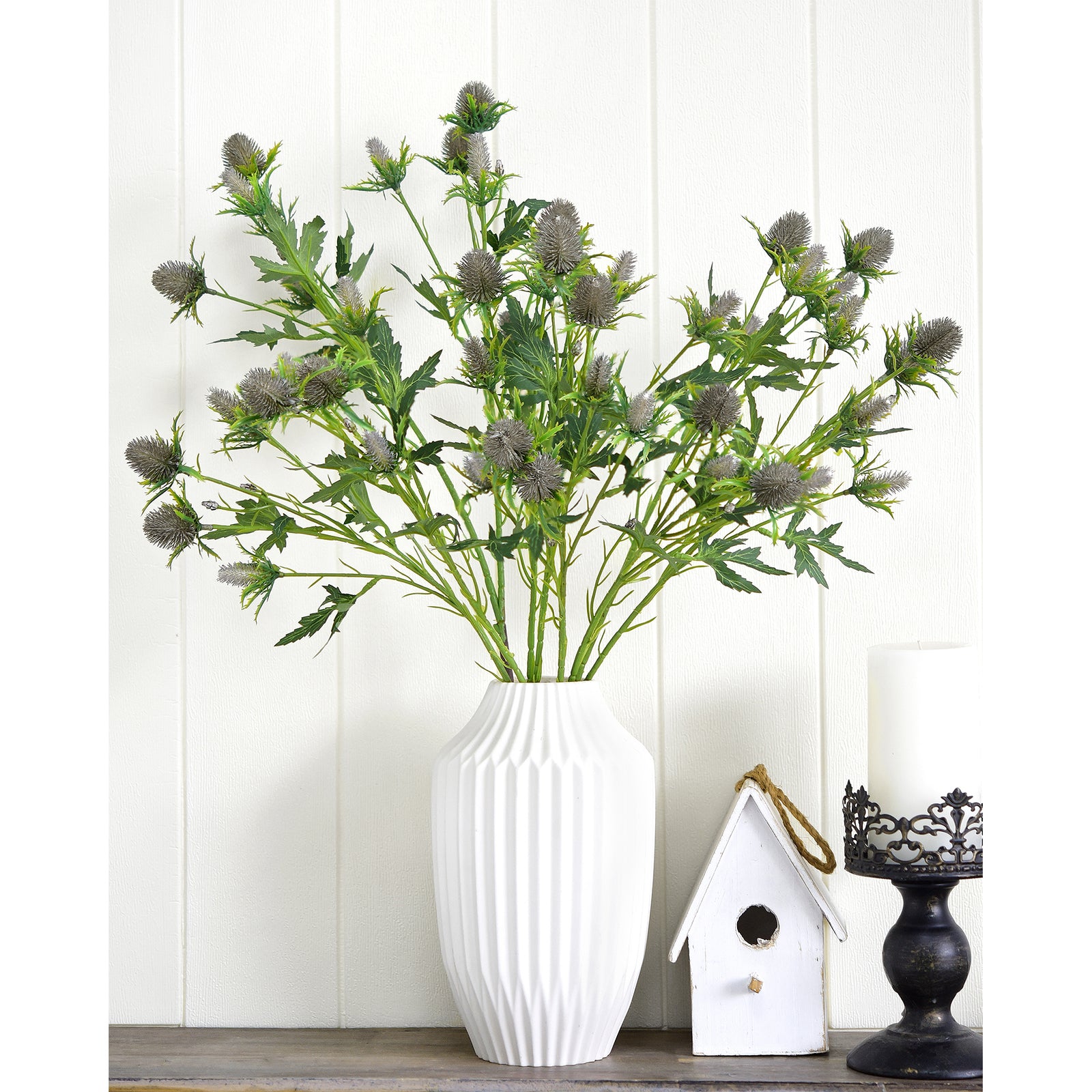 Gray-blue artificial eryngium sea holly stems shown with product details.