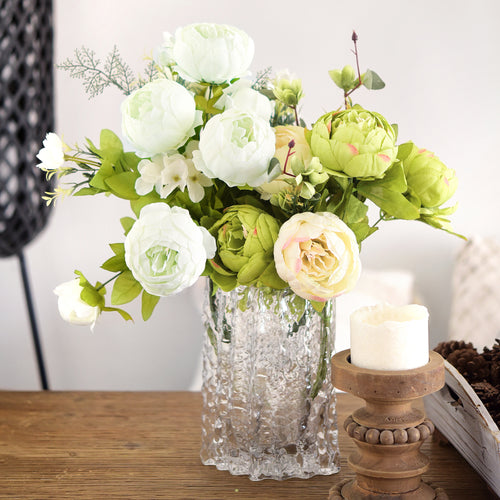 Elegant green and white silk flower arrangement displayed in a crystal vase, perfect for table centerpieces and home décor