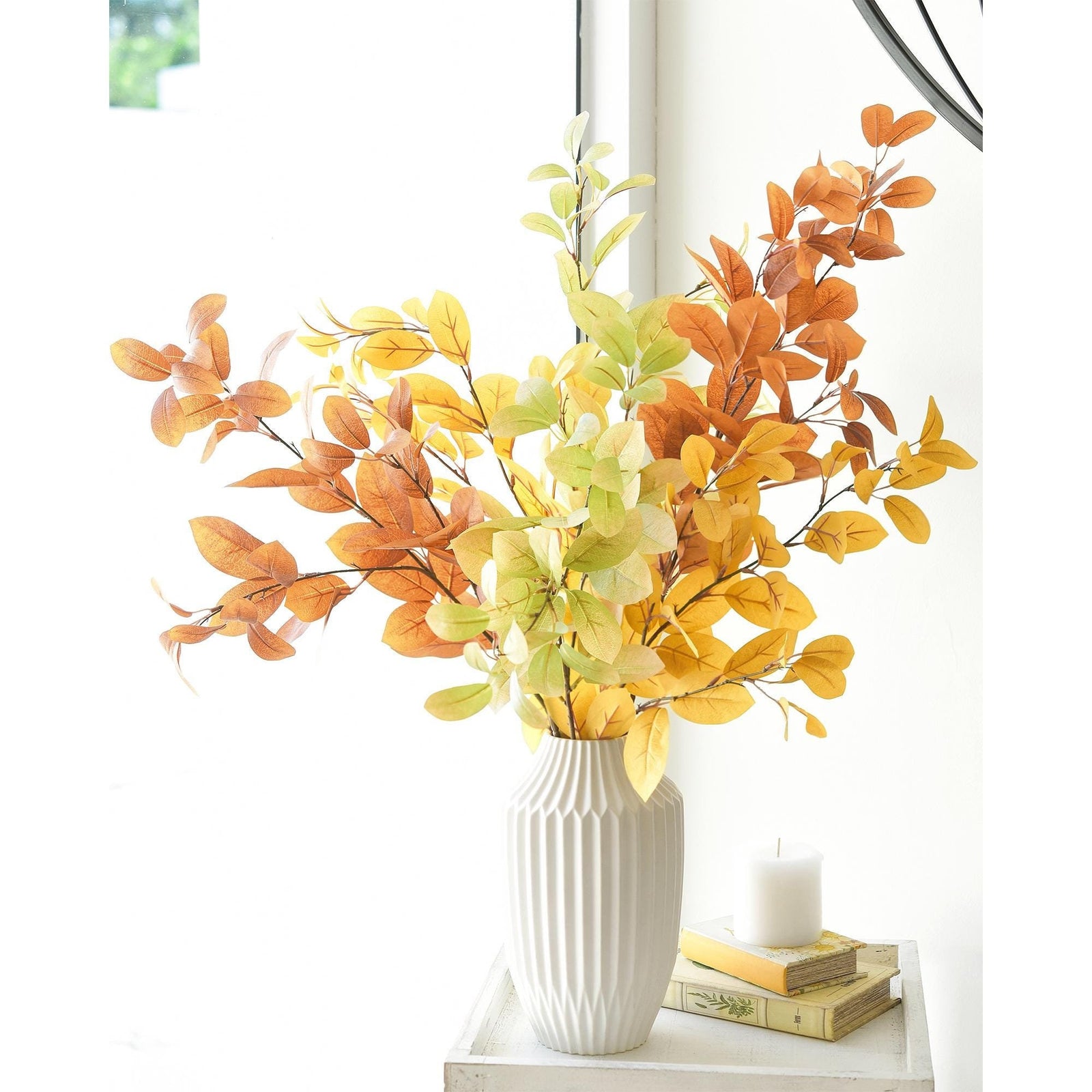 Green, golden yellow and burnt orange faux fall leaf branches in the main product image.