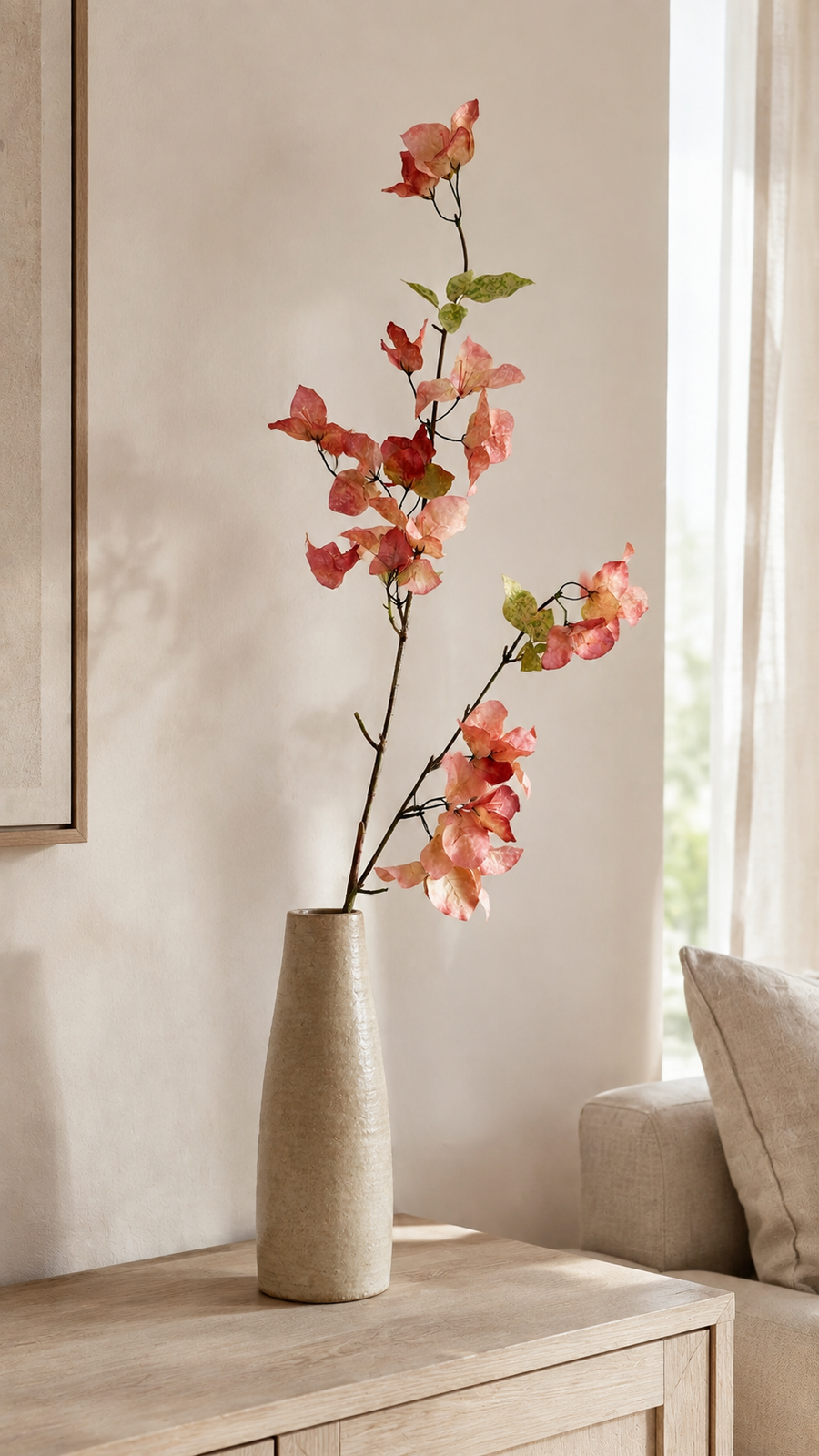 Coral Blush artificial bougainvillea branch styled in a tall vase in a neutral home interior