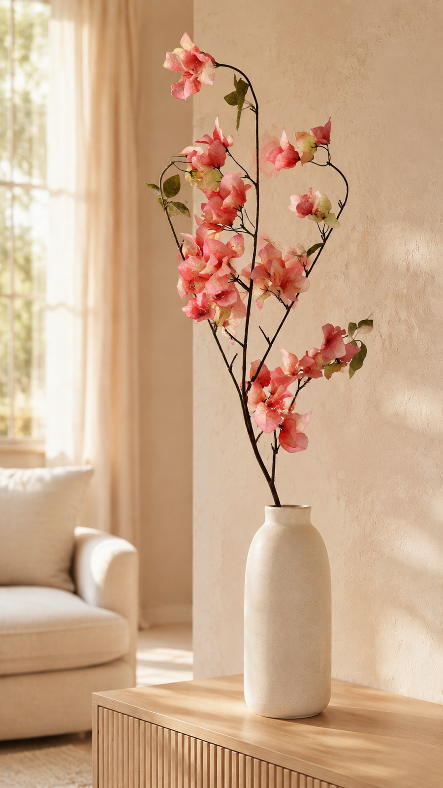 Warm Coral Pink artificial bougainvillea branch styled in a tall vase in a neutral home interior