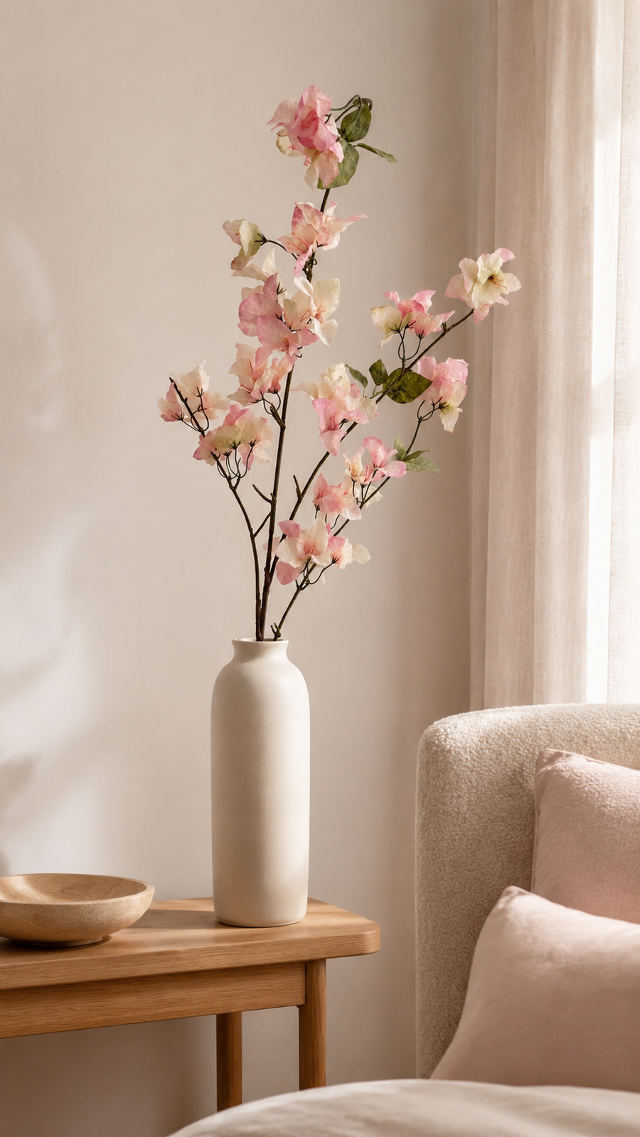 Blush Pink artificial bougainvillea branch styled in a tall vase in a neutral home interior