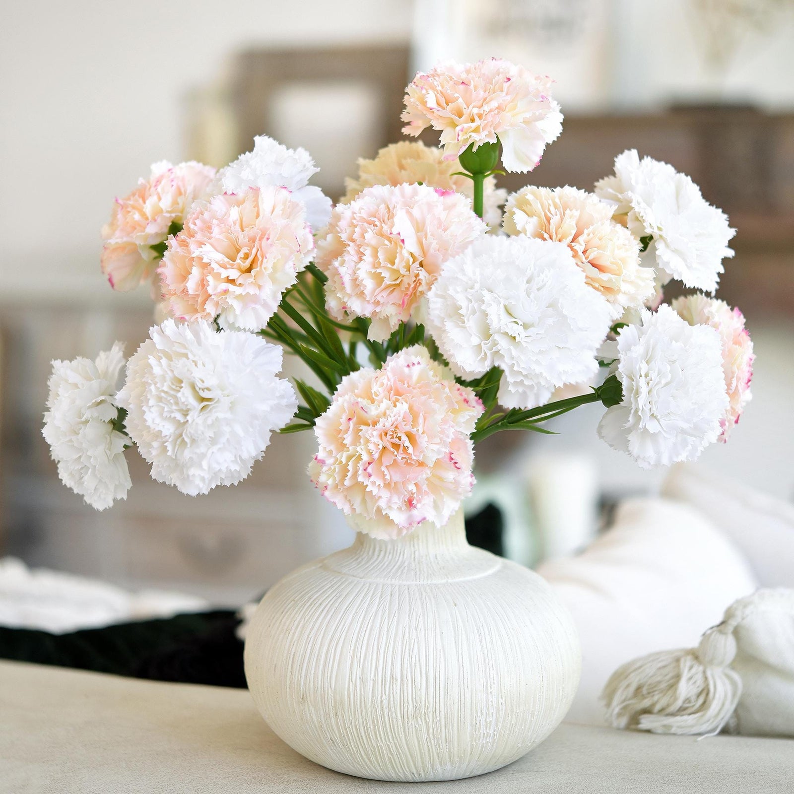 Blush Pink Veil Faux Carnation Flowers – 1 ft (29 cm) Tall, Realistic Silk Floral Decor for Weddings, Events, and Home Arrangements