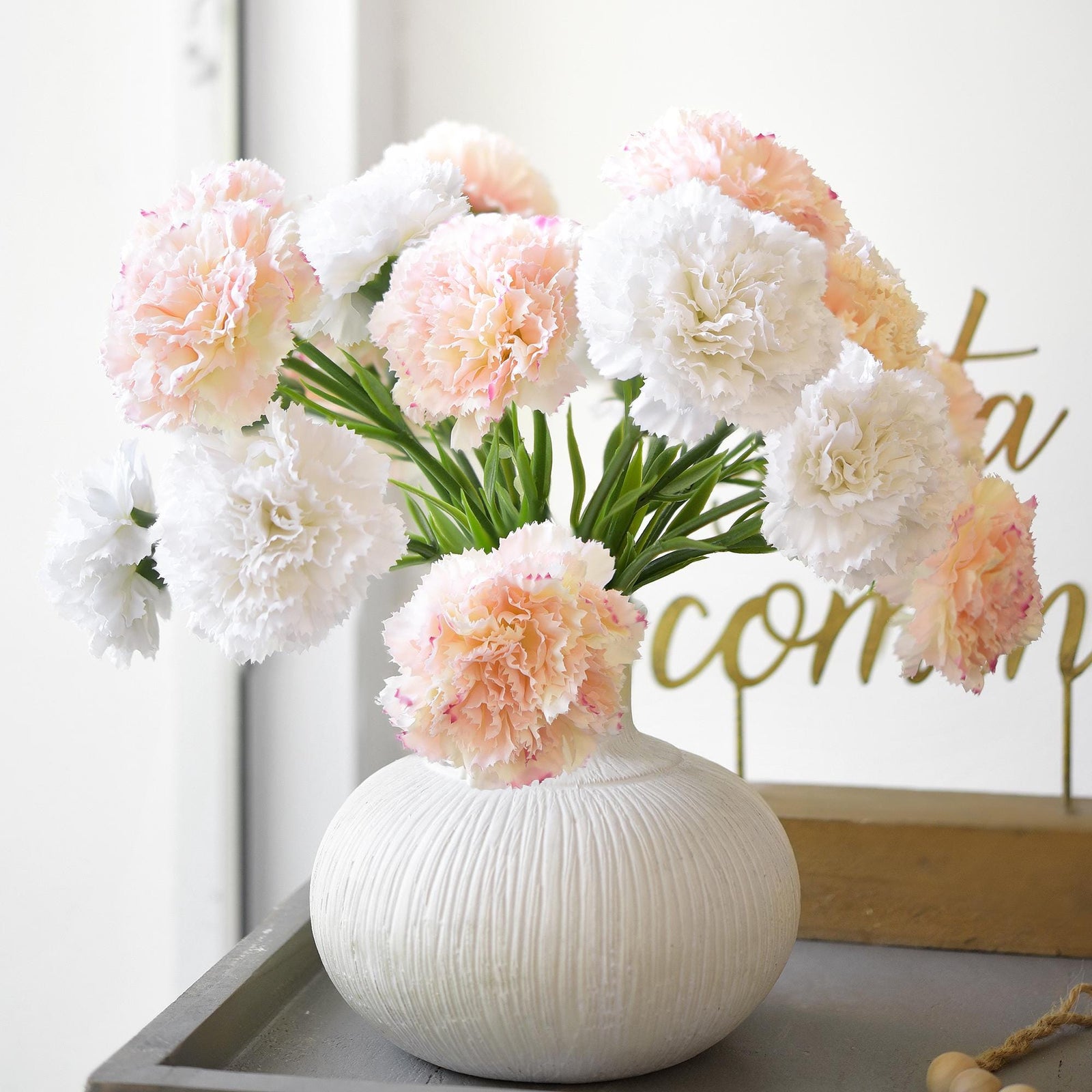 Blush Pink Veil Faux Carnation Flowers – 1 ft (29 cm) Tall, Realistic Silk Floral Decor for Weddings, Events, and Home Arrangements