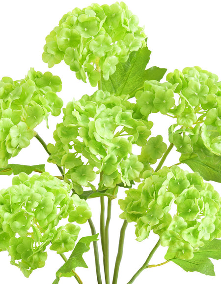 Six lime green real touch hydrangea stems with rounded blooms and green leaves on a white background.