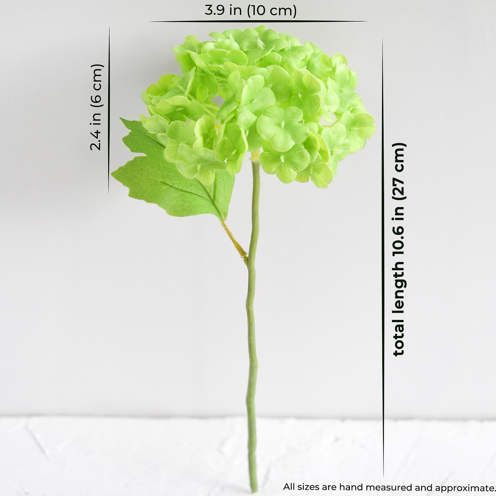 Size guide for one lime green real touch hydrangea stem showing approximate length and bloom measurements.