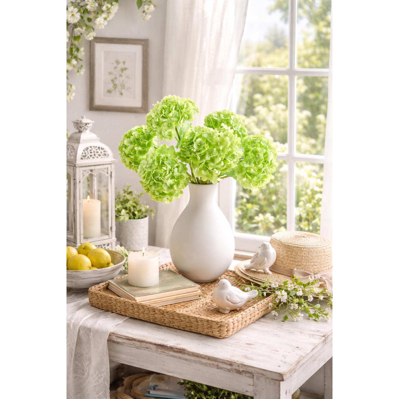 Lime green real touch hydrangea stems in a matte white vase beside candles and neutral decor.
